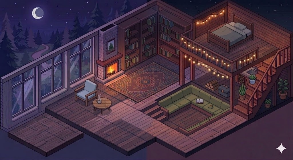 Cozy pixel art portfolio room
